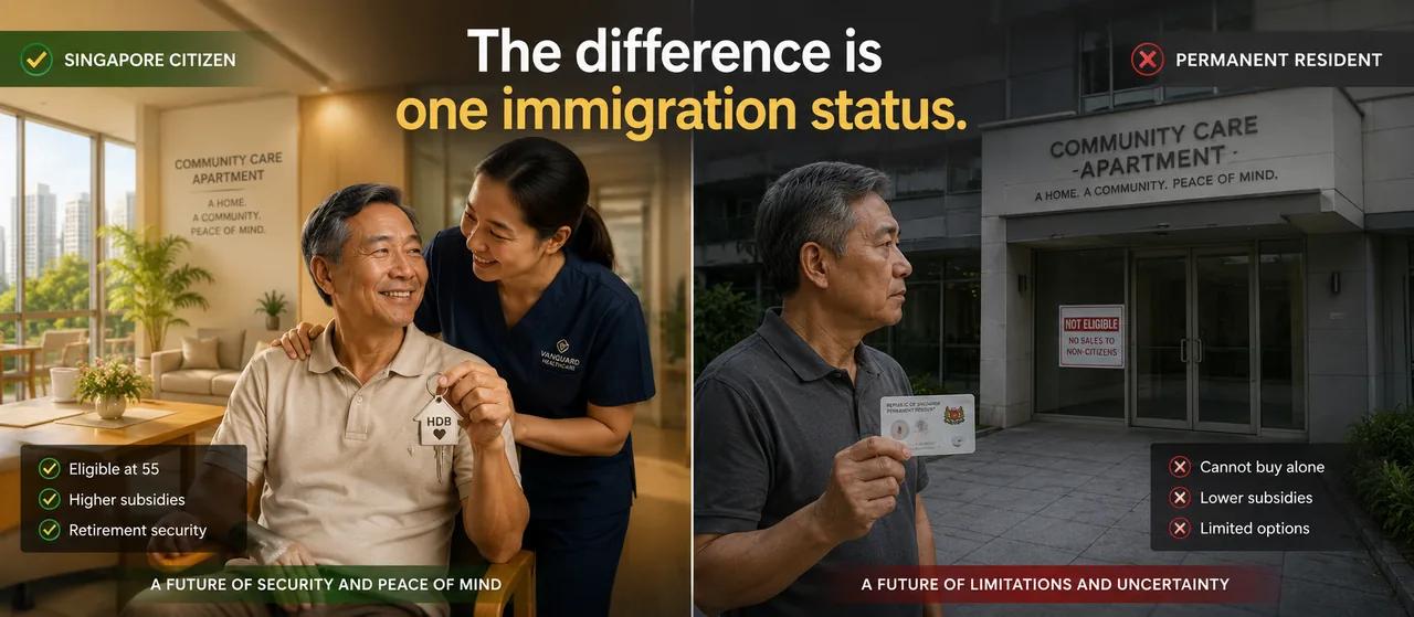 Community Care Apartment comparison showing Singapore citizen eligibility and higher subsidies versus Permanent Resident limitations