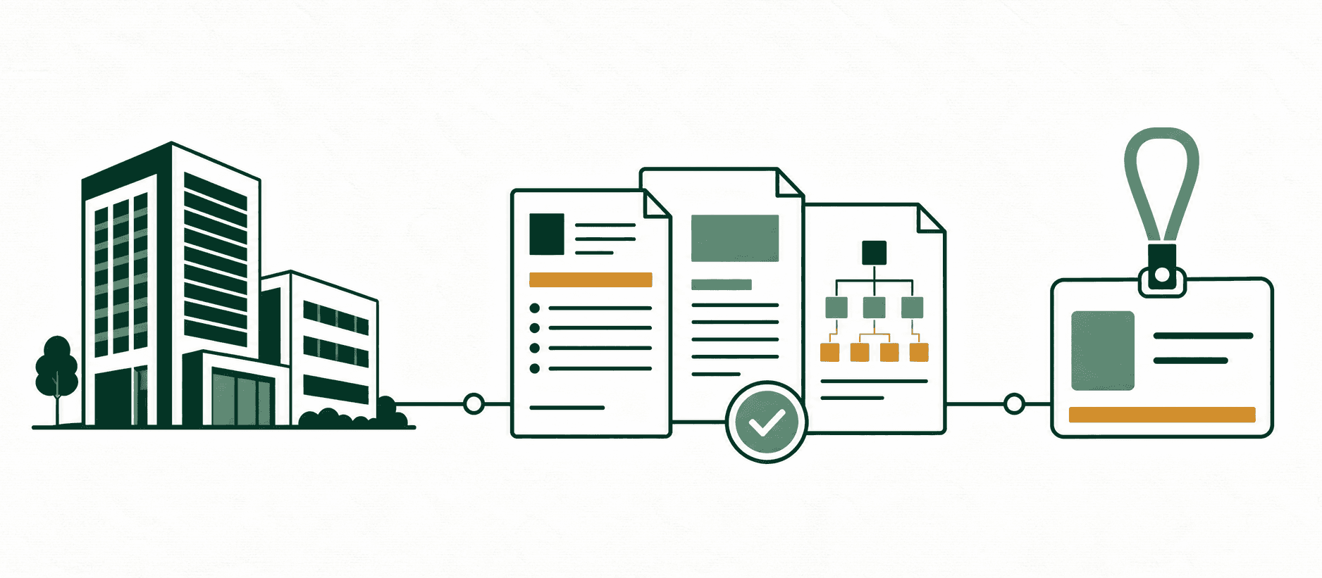 Flat illustration of a Singapore office building, a stack of employer documents with a tick badge, and an Employment Pass card joined by a single path
