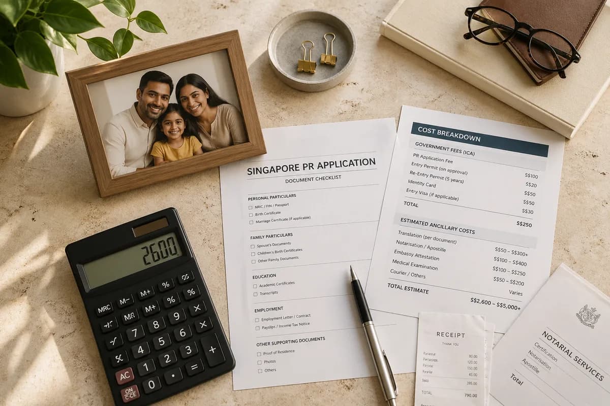 Calculator and documents on desk — Singapore PR application cost breakdown 2026