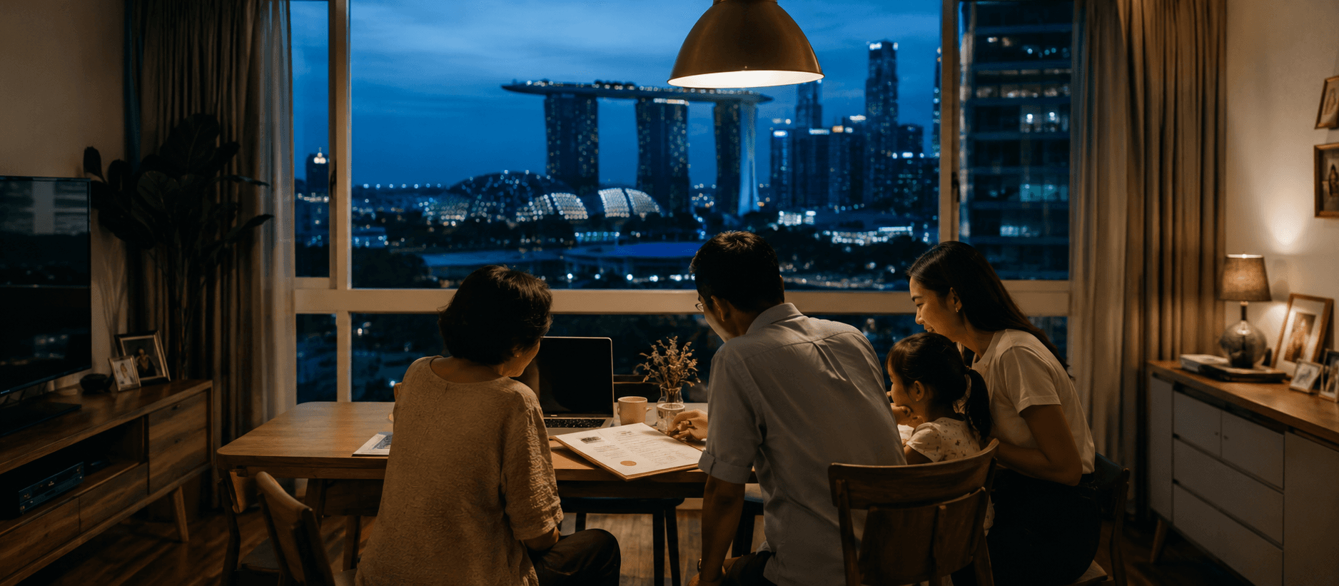 Singapore city skyline at dusk with a blue Identity Card motif in the foreground, symbolising the permanent residence application process