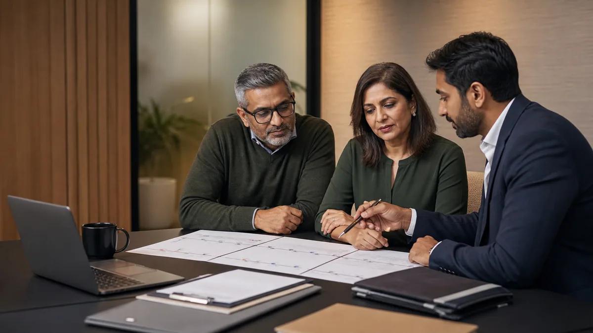 Permanent resident couple reviewing Re-Entry Permit renewal evidence with an immigration adviser in a private office
