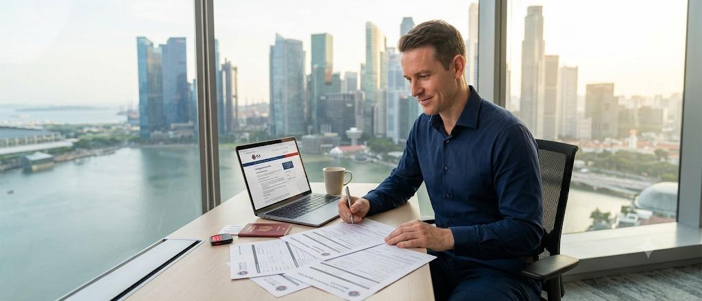 Western expat professional in Singapore CBD preparing a Permanent Residence application