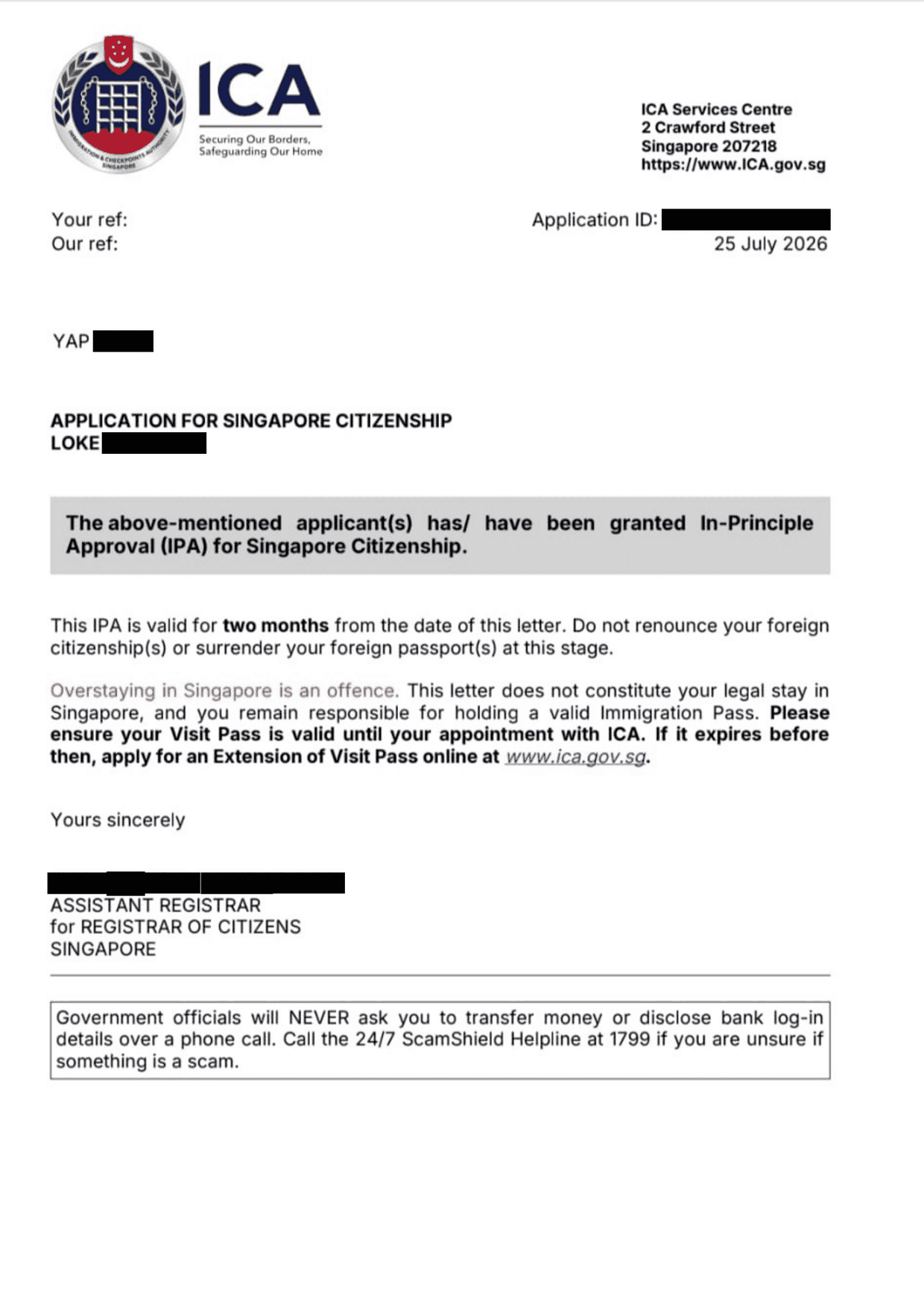 ICA In-Principle Approval letter, client details redacted