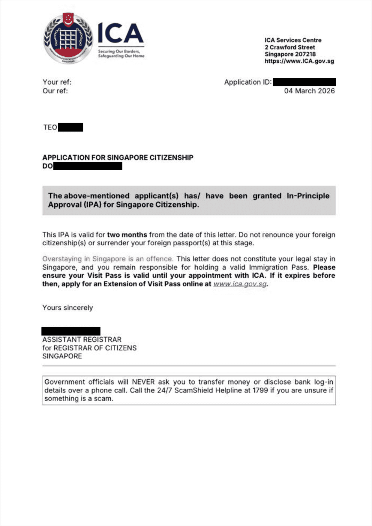 ICA In-Principle Approval letter, client details redacted