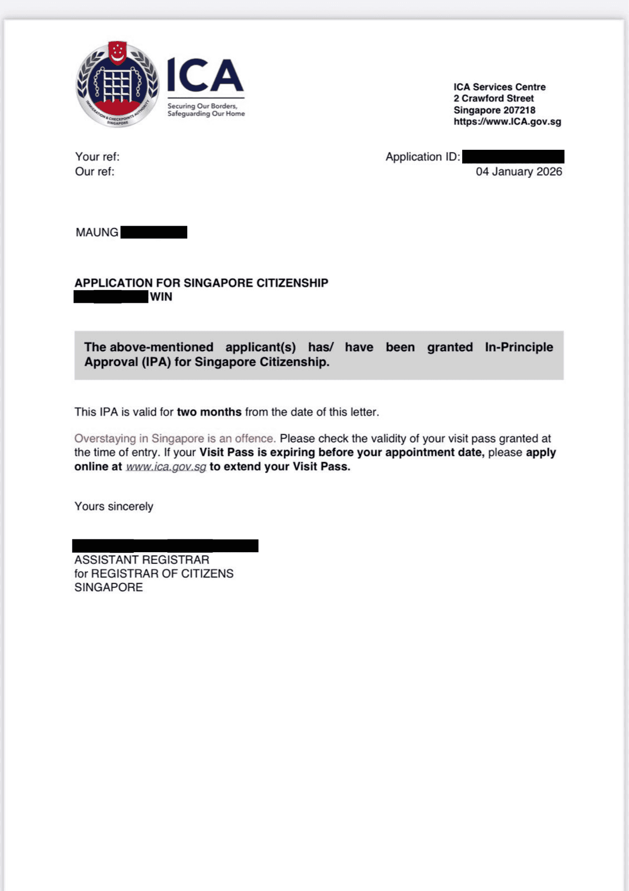 ICA In-Principle Approval letter, client details redacted