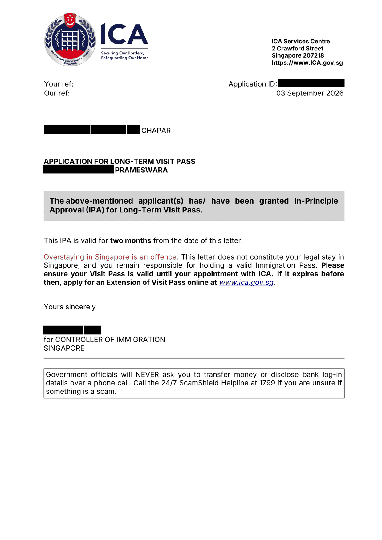 ICA In-Principle Approval letter, client details redacted