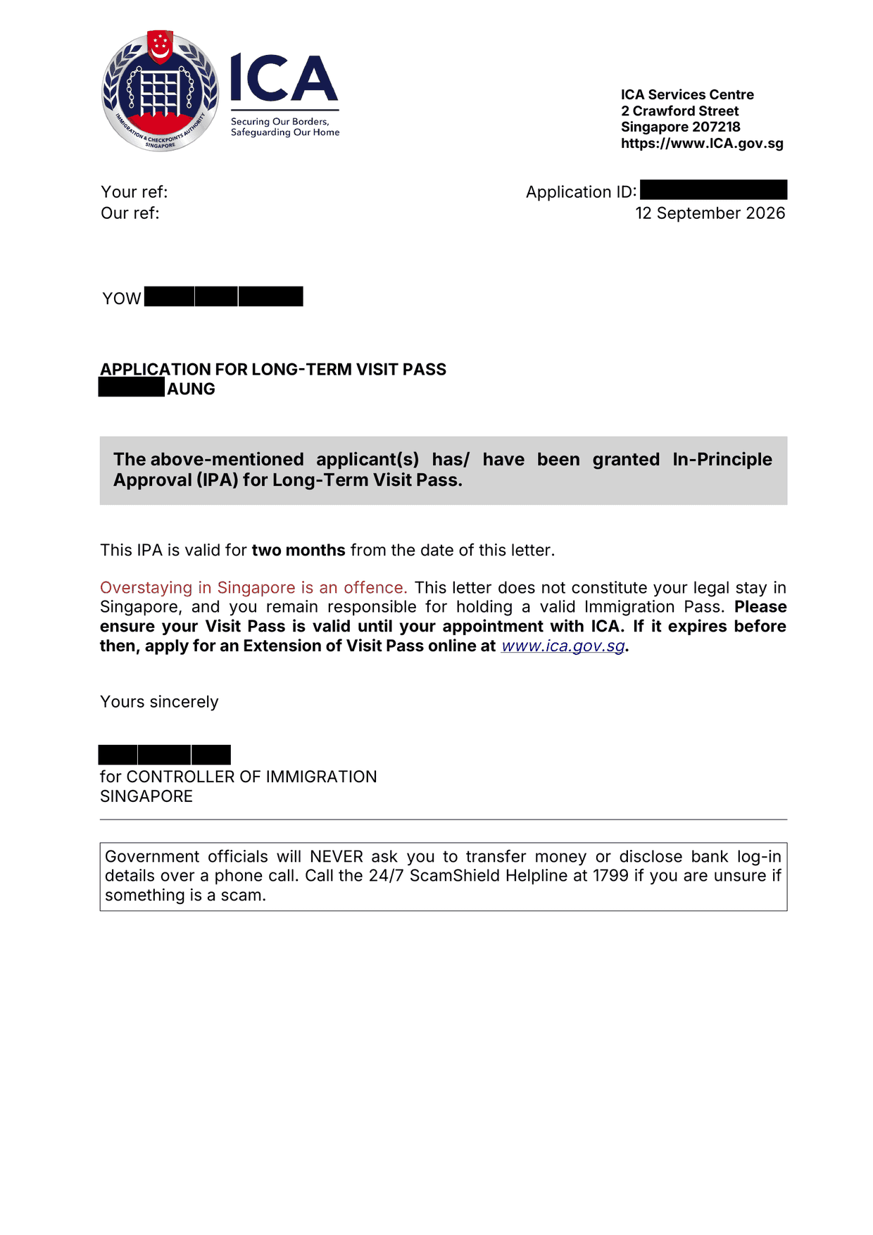 ICA In-Principle Approval letter, client details redacted