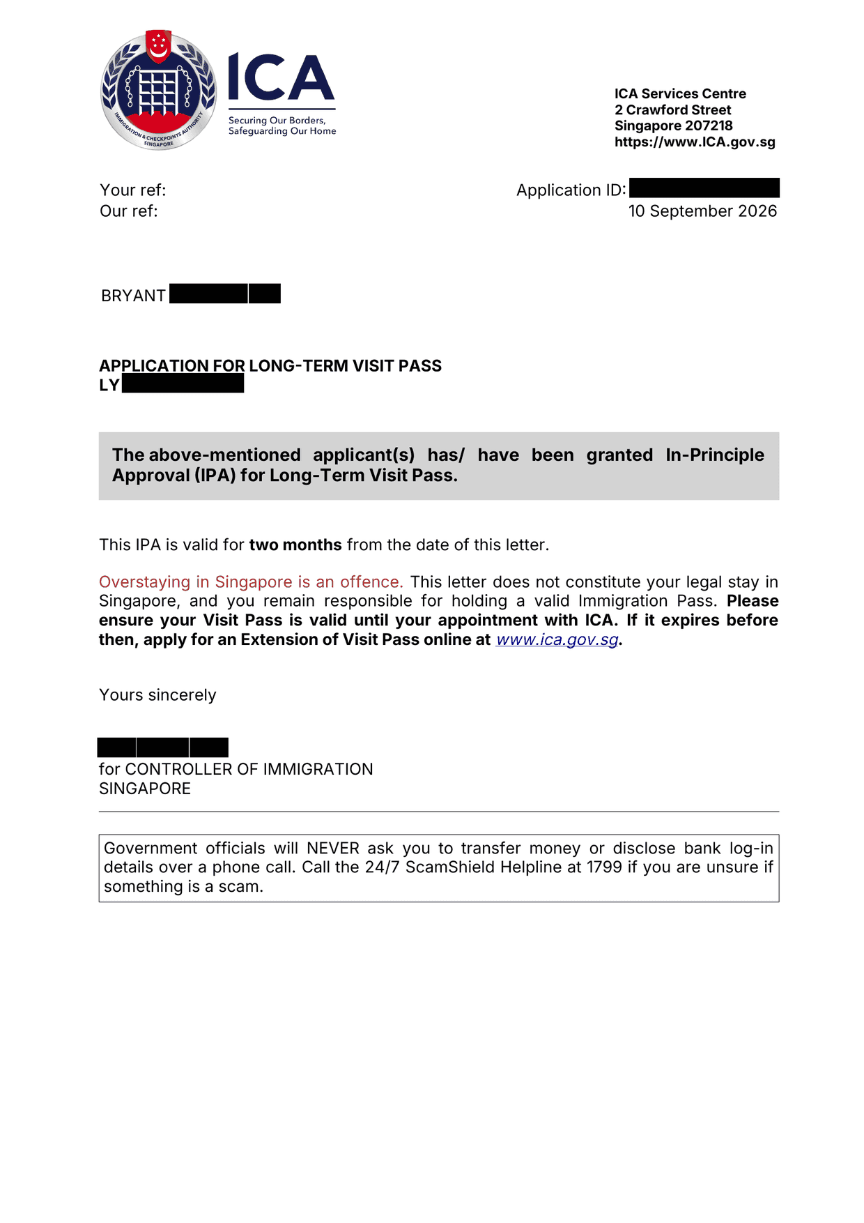ICA In-Principle Approval letter, client details redacted