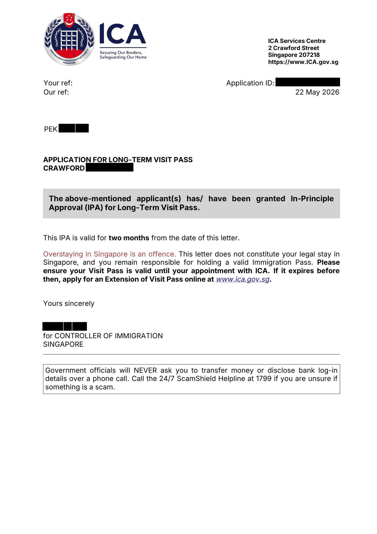ICA In-Principle Approval letter, client details redacted