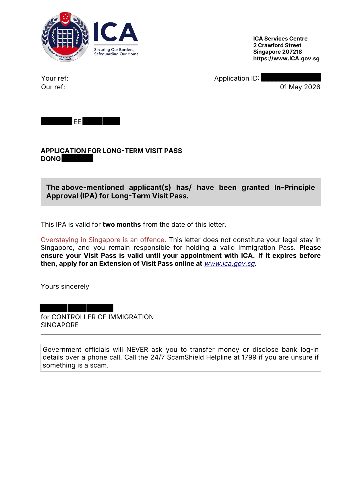 ICA In-Principle Approval letter, client details redacted