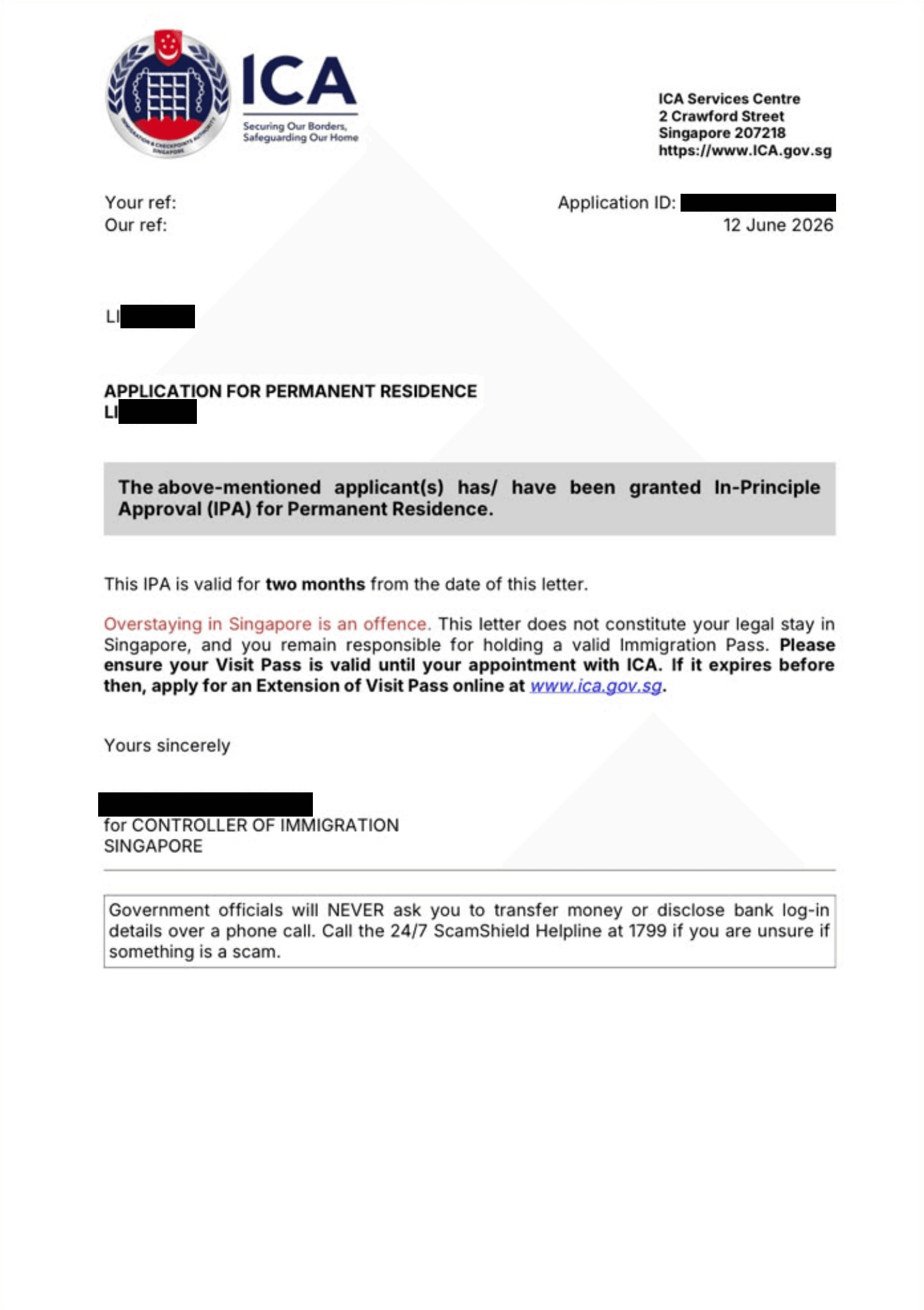 ICA In-Principle Approval letter, client details redacted