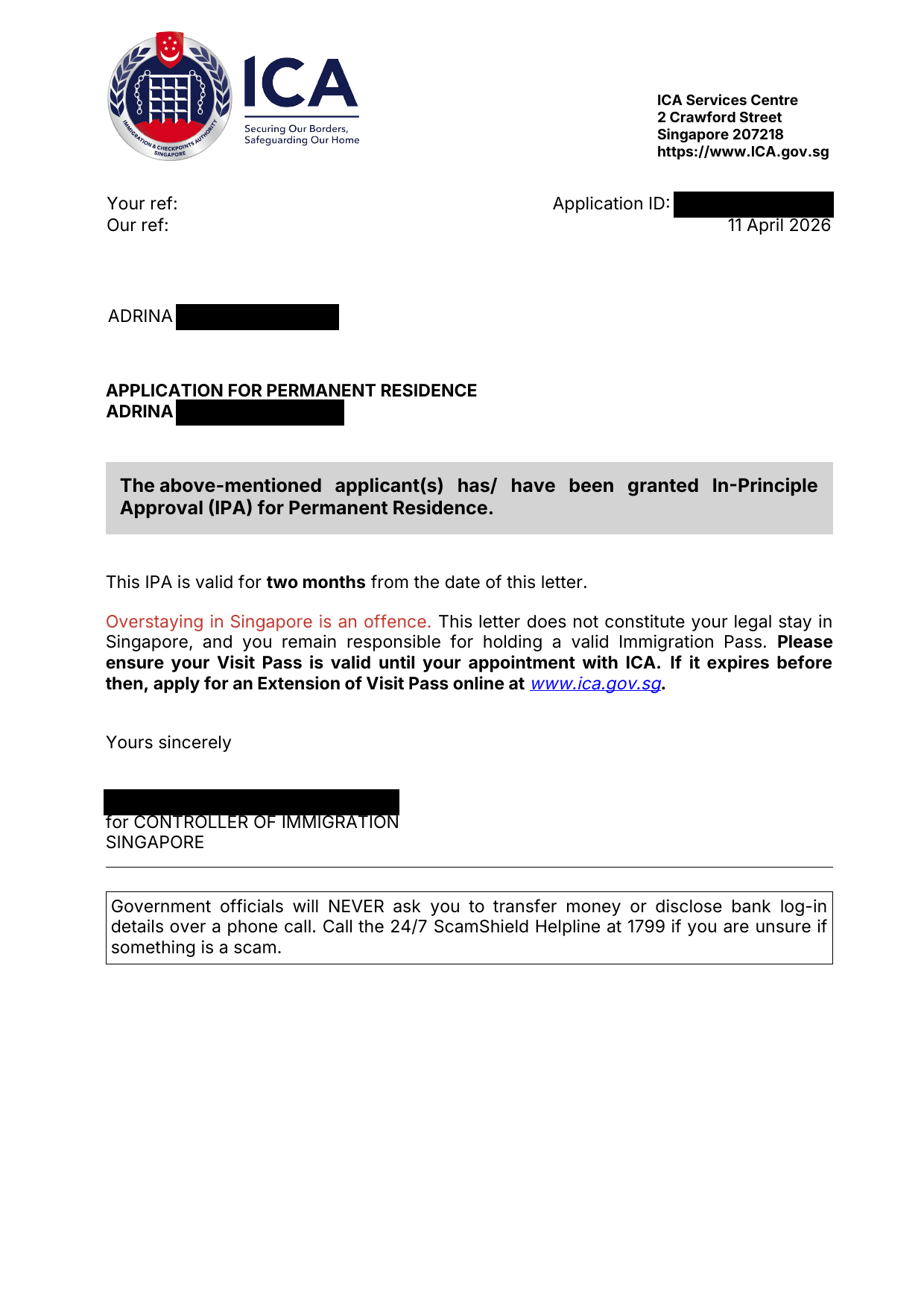 ICA In-Principle Approval letter, client details redacted