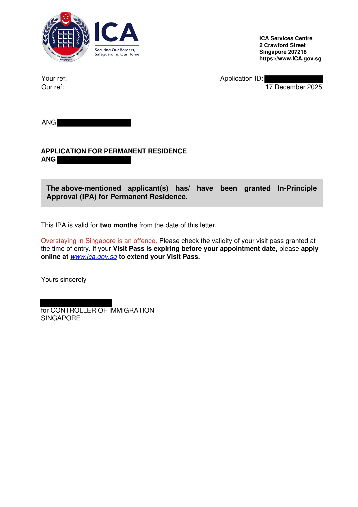 ICA In-Principle Approval letter, client details redacted
