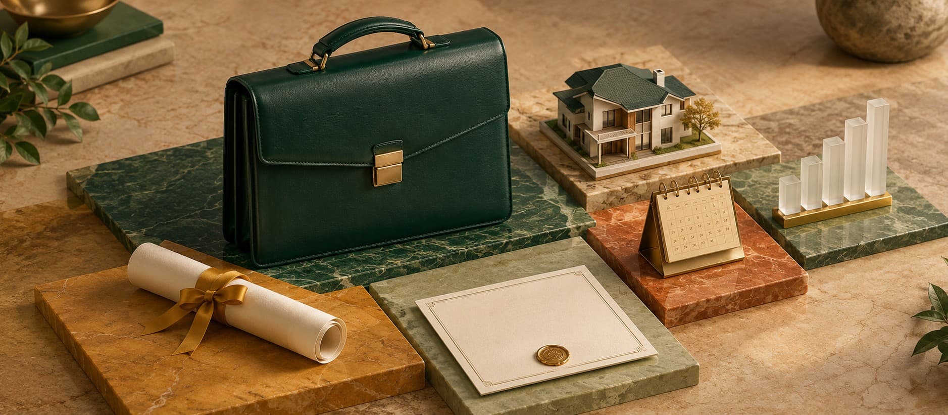 Stone tiles arranged like an application profile: a leather briefcase, a graduation scroll, a model house, a desk calendar, rising glass bars and a sealed certificate.