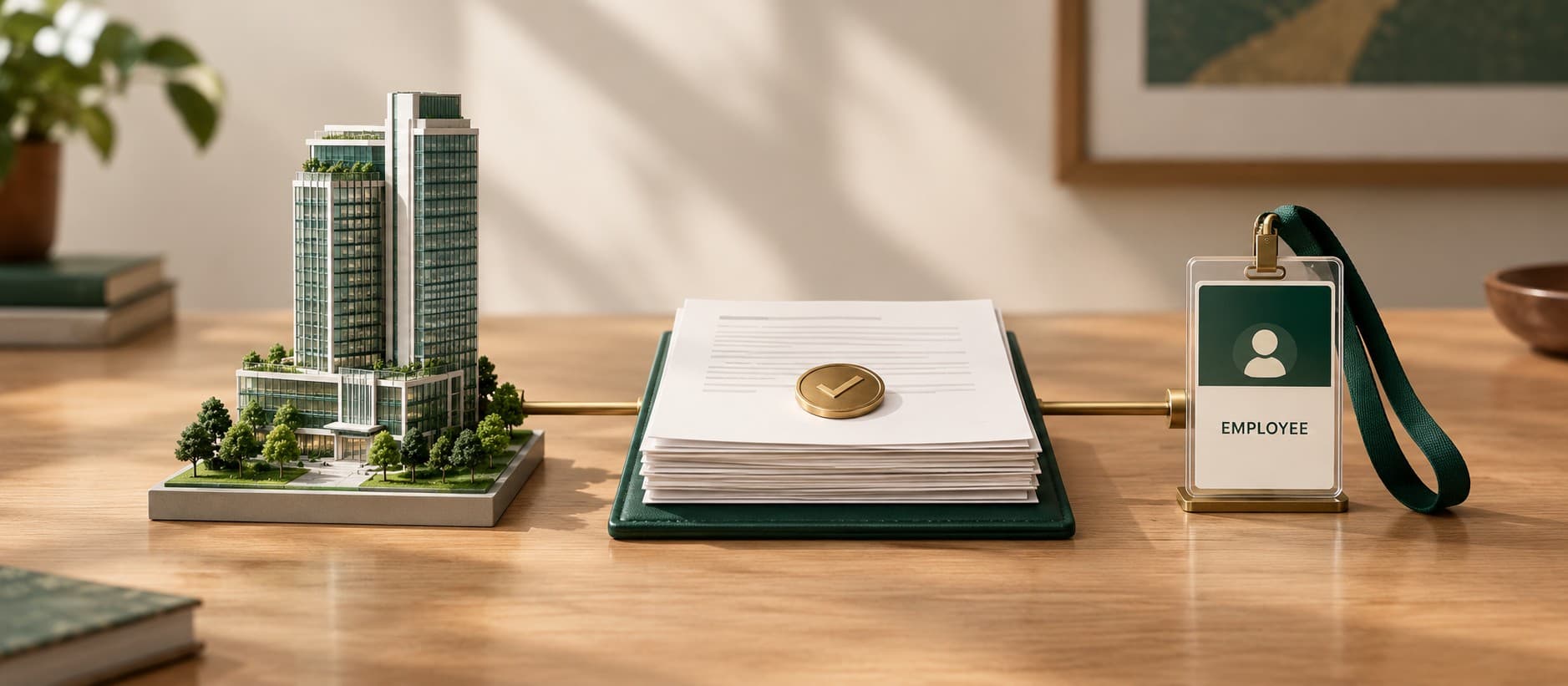 A model Singapore office tower, a stack of employer documents with a brass approval seal, and an employee pass on a green lanyard, linked by a brass rail on a wooden desk.