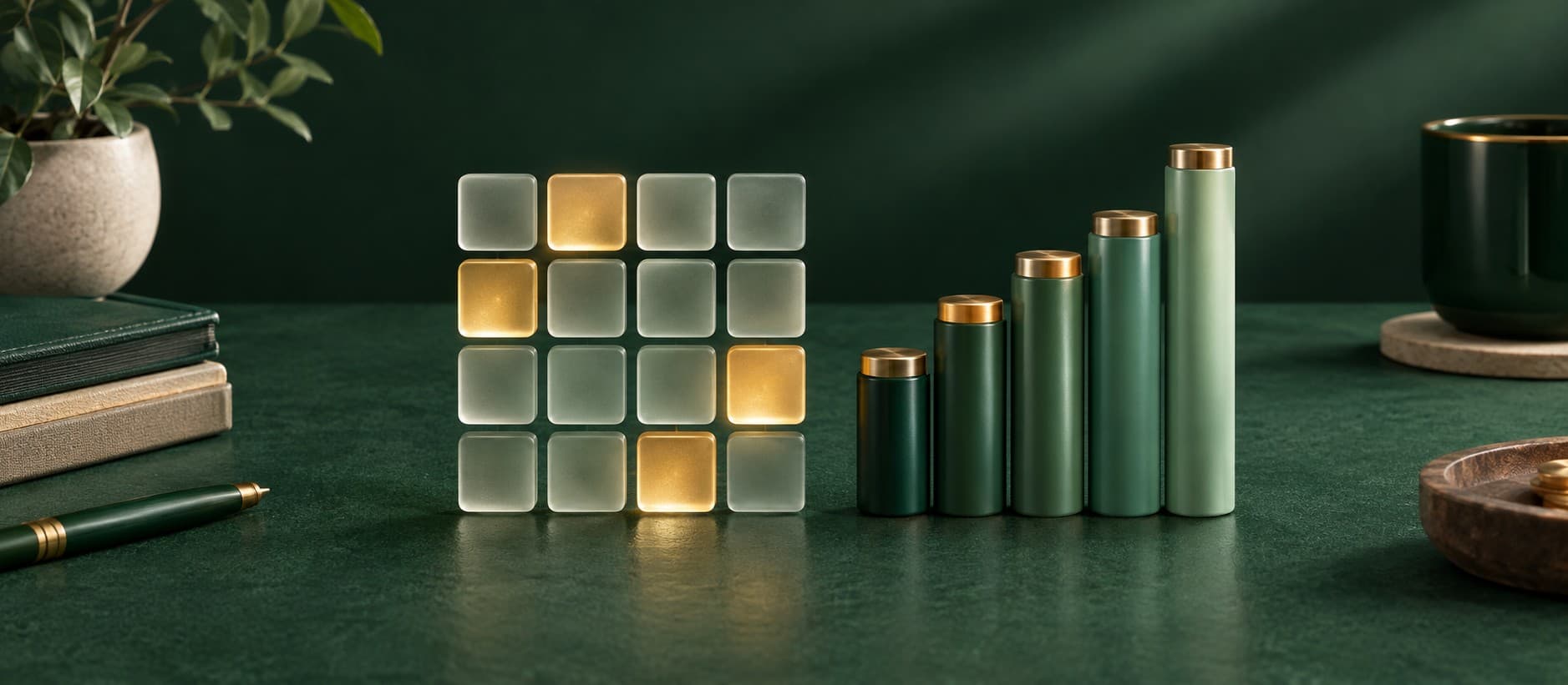 A grid of frosted glass tiles with a few lit gold bonus tiles beside green columns rising in height, on a dark green desk.