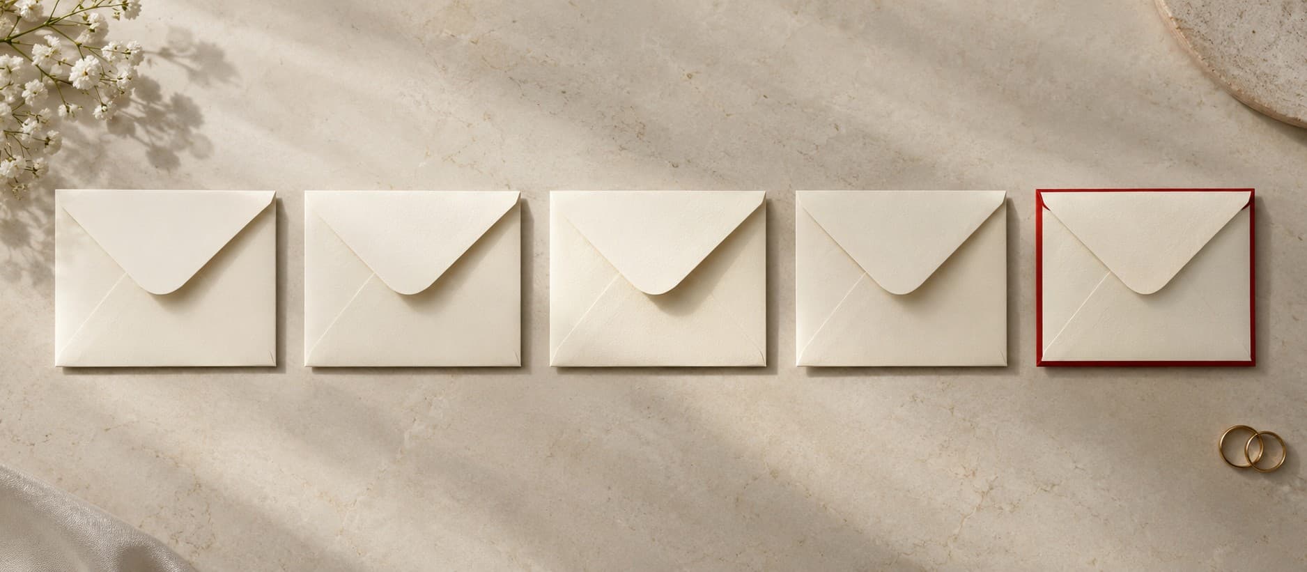 Five cream envelopes in a row on stone, the fifth edged in red, beside two wedding rings: about 1 in 5 Pre-Marriage LTVP Assessments come back negative.