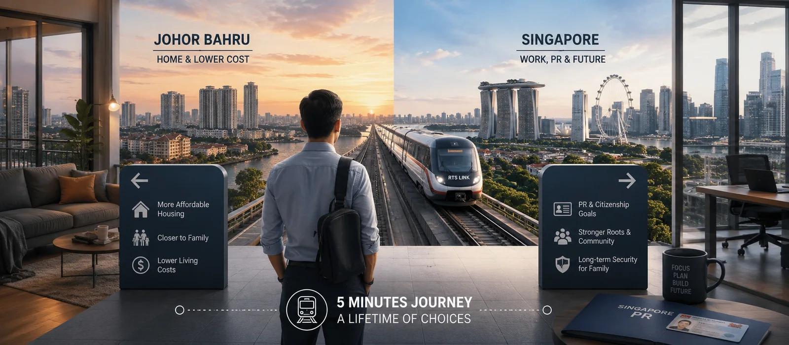 Professional choosing between lower-cost living in Johor Bahru and Singapore PR, citizenship and long-term roots across the RTS Link