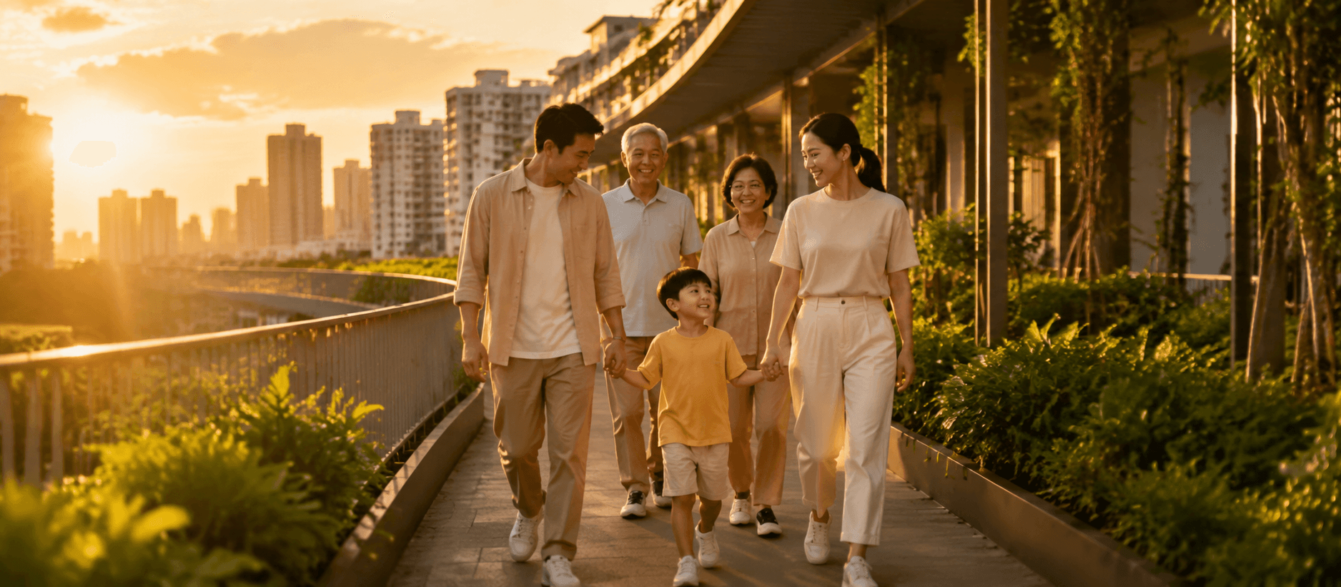 Multigenerational family walking along an elevated Singapore HDB garden corridor — Singapore births 2025 article
