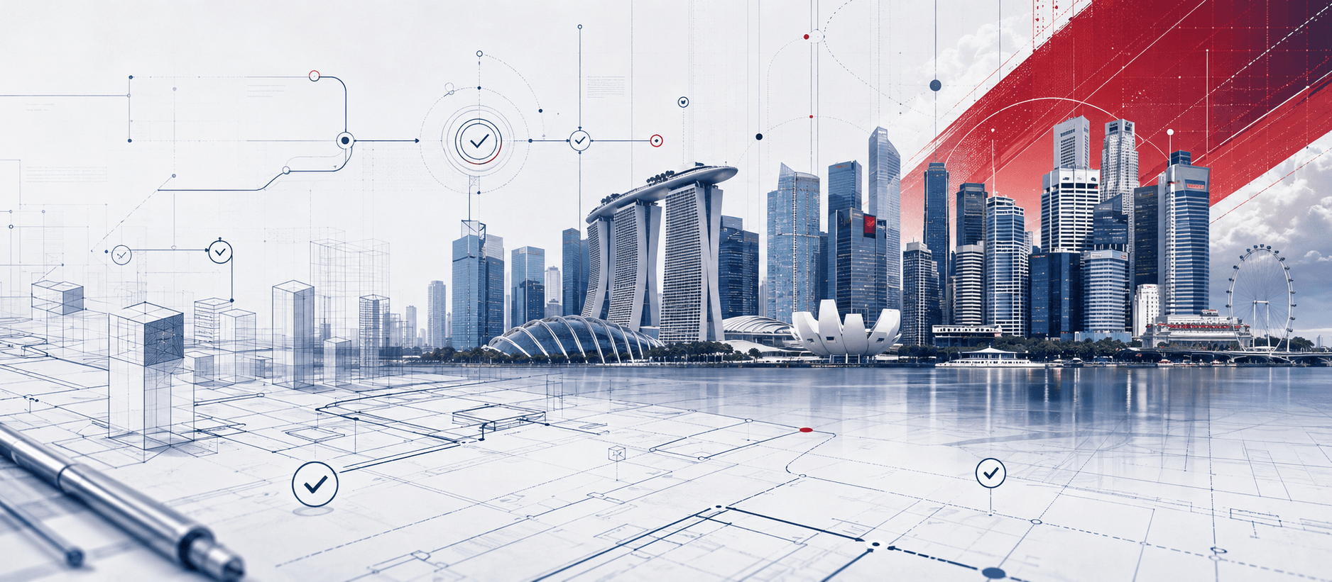 Singapore skyline emerging from a sophisticated architectural blueprint of interconnected eligibility pathways and document-grid motifs, in navy, white and Singapore-red, representing the Singapore citizenship eligibility process.