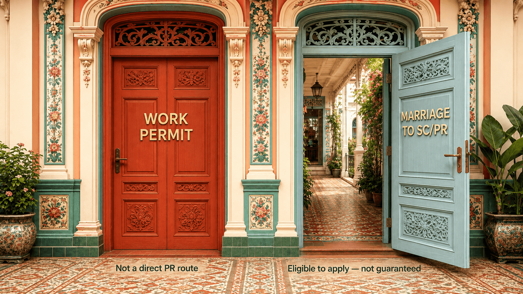 Two ornate Peranakan doors side by side: a closed red door labelled WORK PERMIT (not a direct PR route) and an open teal door labelled MARRIAGE TO SC/PR (eligible to apply, not guaranteed)