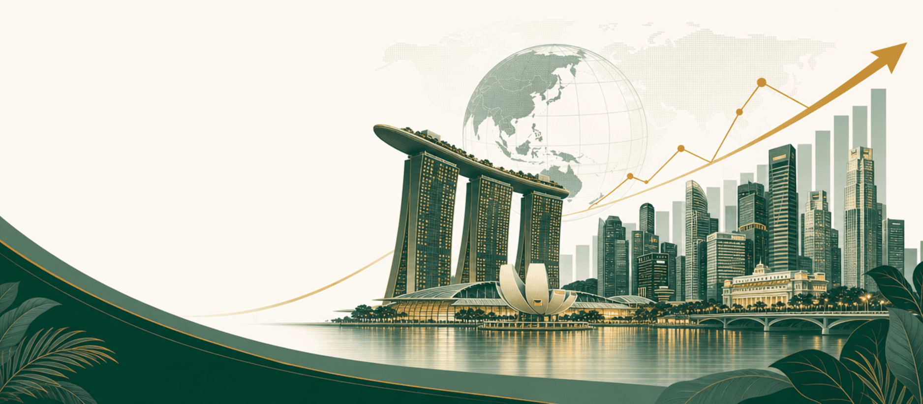 Low-angle editorial illustration of Singapore's financial district skyline with Marina Bay Sands, a rising golden investment graph, a globe and world map, in deep forest green and gold