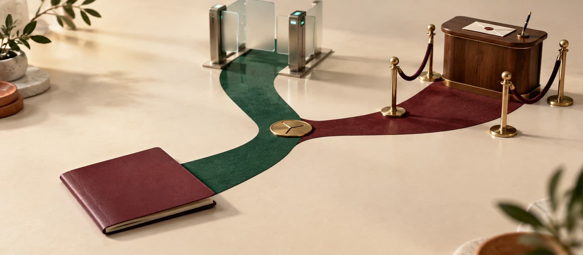 A maroon passport at a fork in a floor path: one branch leads to automatic glass gates, the other to a roped-off wooden counter for formal renunciation.
