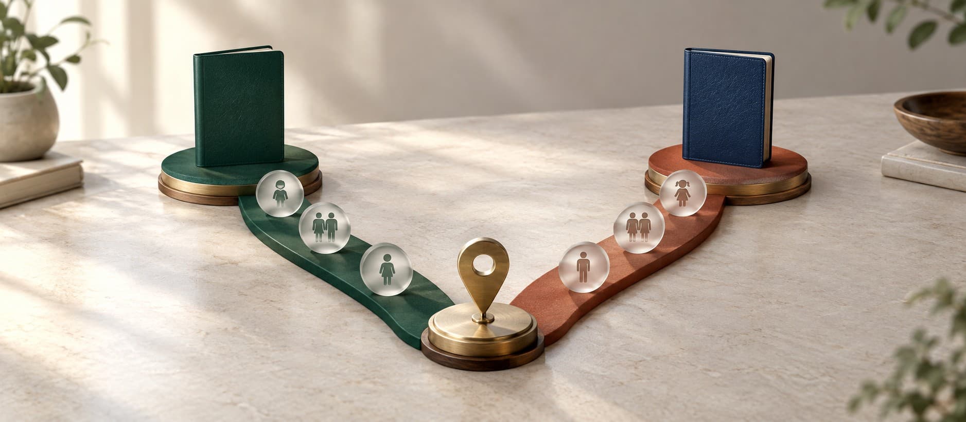 A brass start marker on a stone table where one path forks into two, green and terracotta, each lined with glass family tokens and ending at a different pass booklet: LTVP or Dependant's Pass.